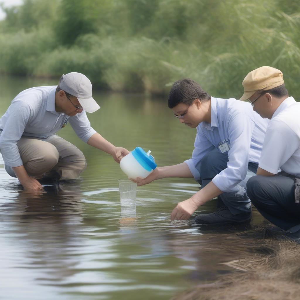 Quy định về bảo vệ nguồn nước: Minh họa hình ảnh các chuyên gia đang kiểm tra chất lượng nước, thể hiện sự quan tâm đến việc bảo vệ nguồn nước khỏi ô nhiễm.