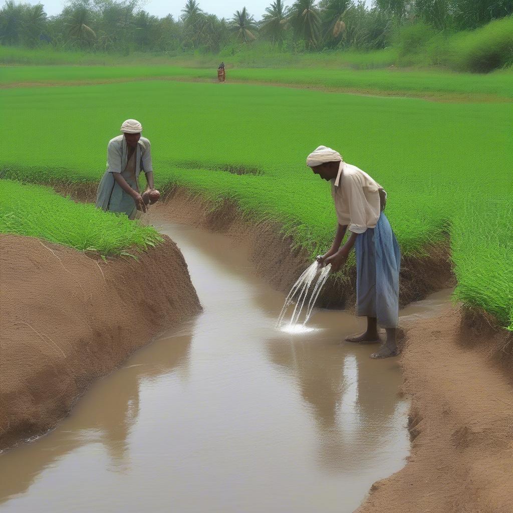 Thông tư hướng dẫn Luật Tài nguyên nước: Minh họa hình ảnh người dân đang tưới tiêu cho cây trồng bằng nguồn nước từ sông, thể hiện tầm quan trọng của việc quản lý và sử dụng tài nguyên nước.